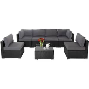 Black Brown 7-Piece Wicker Outdoor Sectional Set with Dark Gray Cushions