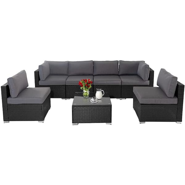 Suncrown Black Brown 7-Piece Wicker Outdoor Sectional Set with Dark Gray Cushions