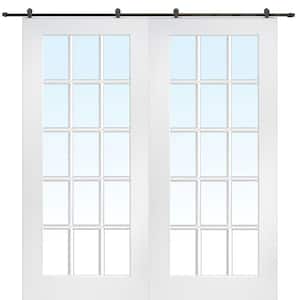 60 in. x 80 in. Primed Composite 15-Lite Clear Double Sliding Barn Door with Hardware Kit