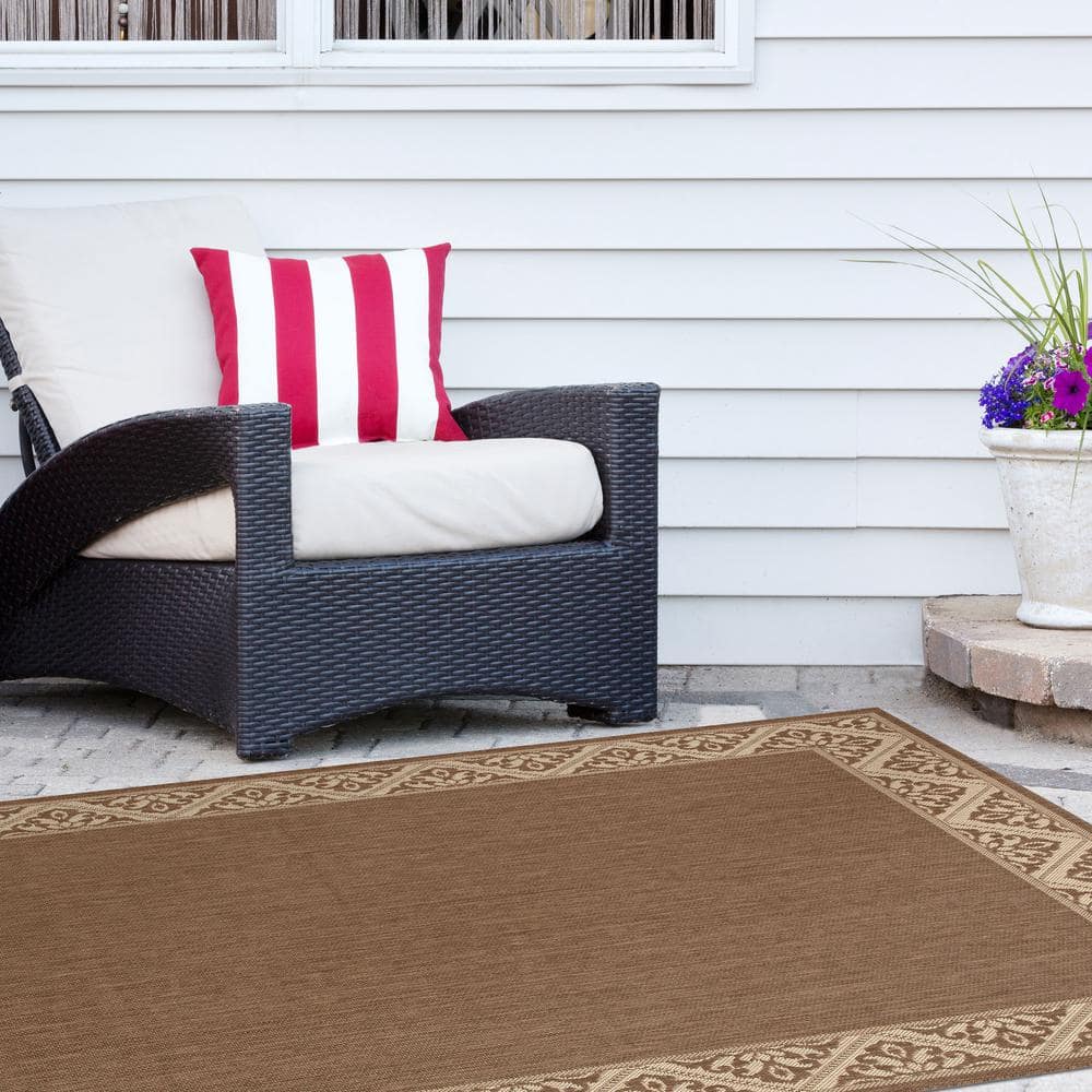 Brown and Beige Flat Woven Synthetic Area Rug