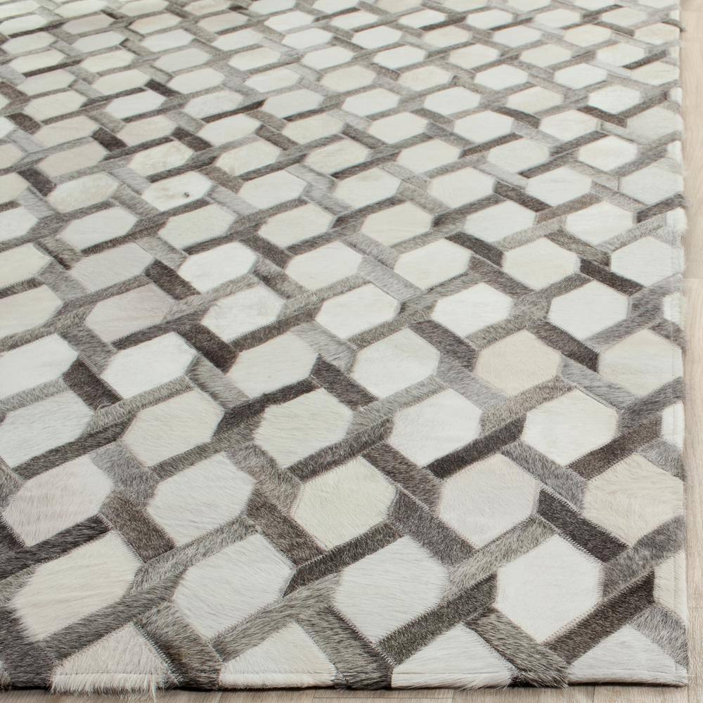 Ivory and Gray Hand-Knotted Geometric Cowhide Area Rug