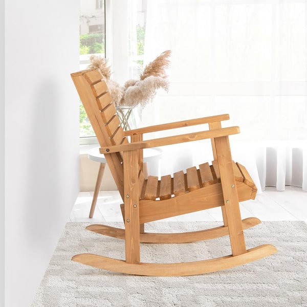 Gymax 2 Pieces Natural Wooden Outdoor Rocking Chair High Back Fir Wood Armchair Garden Yard Patio