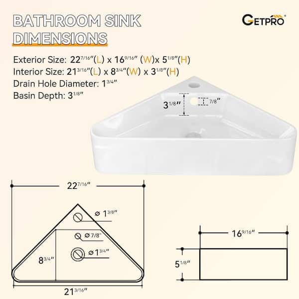 22.5 in Ceramic Corner Sink Wall-Mounted Triangular Bathroom Sink with Single Faucet Hole in White Floating Vessel Sink