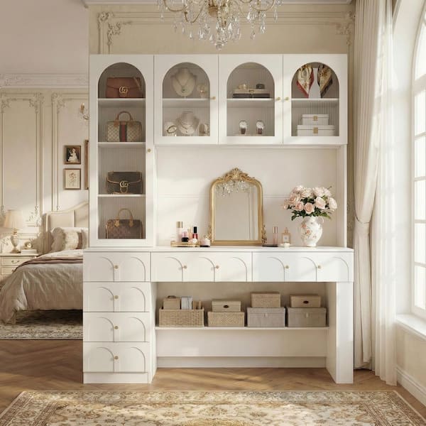 63 in, Width Rectangle White Wood 6-Drawer Computer Desk, Writing Desk, Vanity Table with 8 Shelves and 4 Glass Doors