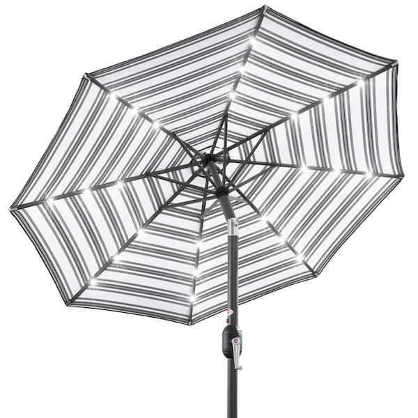 10 ft. Market Solar LED Lighted Tilt Patio Umbrella with UV-Resistant Fabric in Black Stripe
