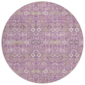 Lavender and Ivory 8 ft. Round Woven Floral Round Indoor/Outdoor Area Rug