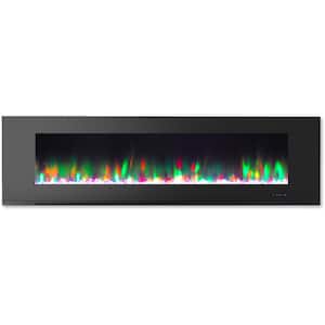 72 in. Wall-Mount Electric Fireplace in Black with Multi-Color Flames and Crystal Rock Display