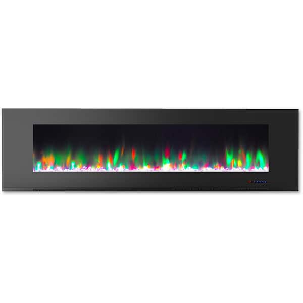 Cambridge 72 in. Wall-Mount Electric Fireplace in Black with Multi-Color Flames and Crystal Rock Display
