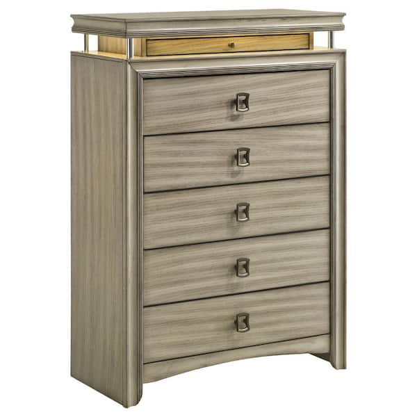Benjara Beige and Chrome and Bronze 6 Drawer 35.5 in. Dresser Without Mirror