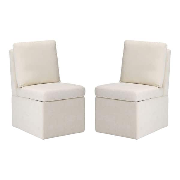 Stansberry Chenille Cream Fabric Upholstered Armless Dining Chair with Lift-Seat Storage and Caster Wheels (Set of 2)