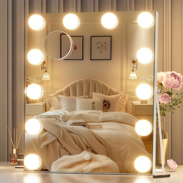 11.4 in. W x 13.8 in. H White Rectangle Framed LED Makeup Mirror Hollywood Vanity Mirror with Lights 360° Rotation