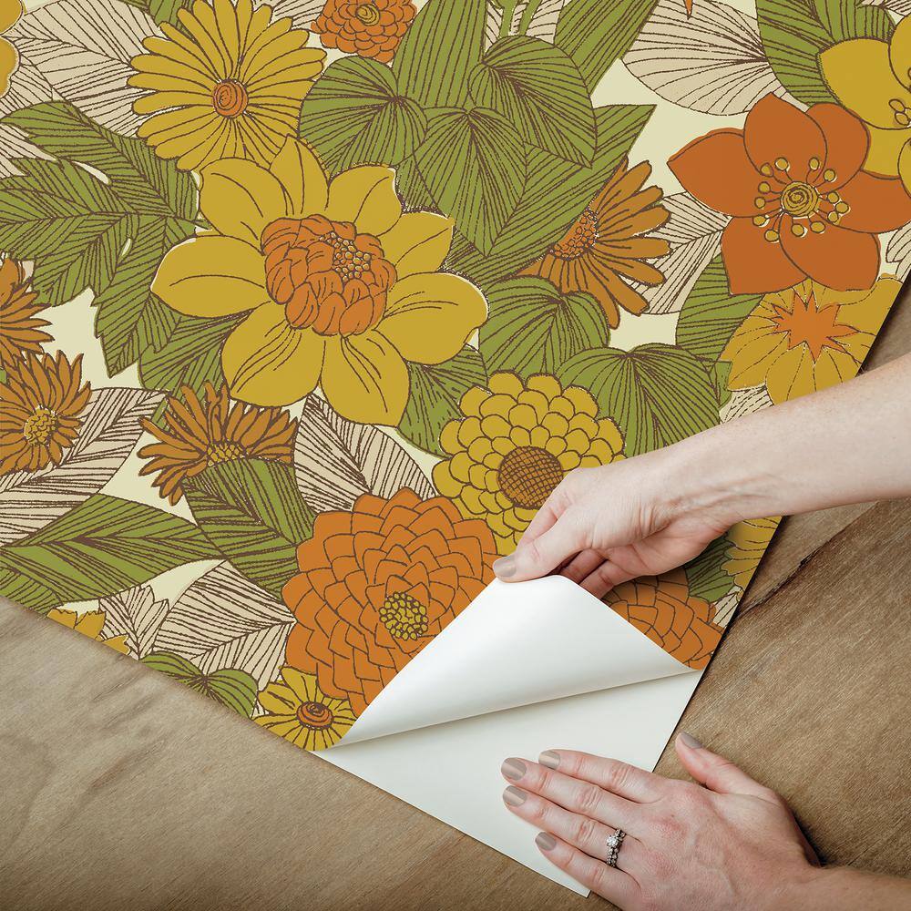Retro Floral Yellow and Orange Peel and Stick Wallpaper Roll