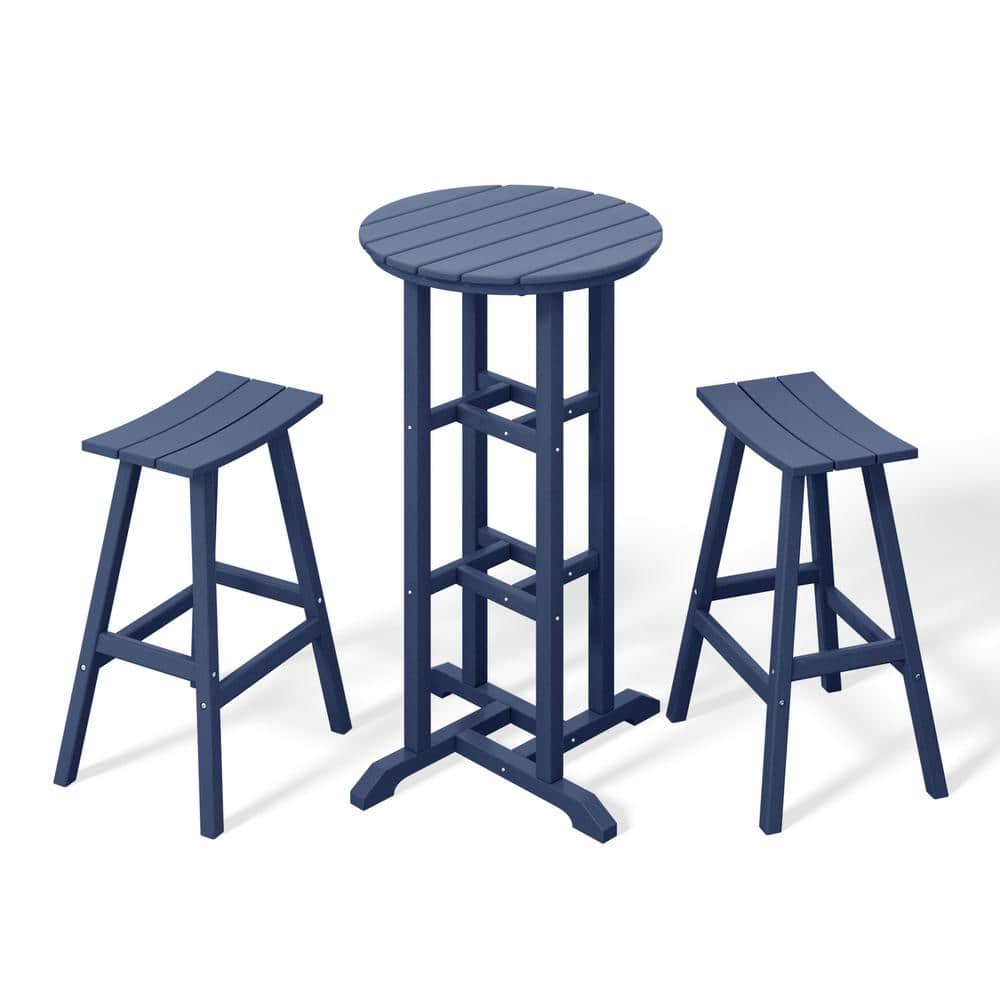 Laguna 3-Piece HDPE Weather Resistant Outdoor Patio Bar Height Bistro Set with Saddle Seat Barstools, Navy Blue price history on PriceWatchPro