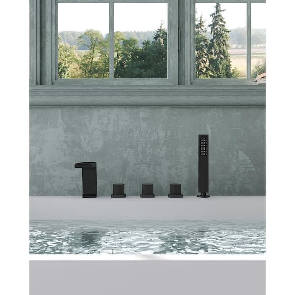 3-Handle Tub-Mount Roman Tub Faucet with Hand Shower in Matte Black