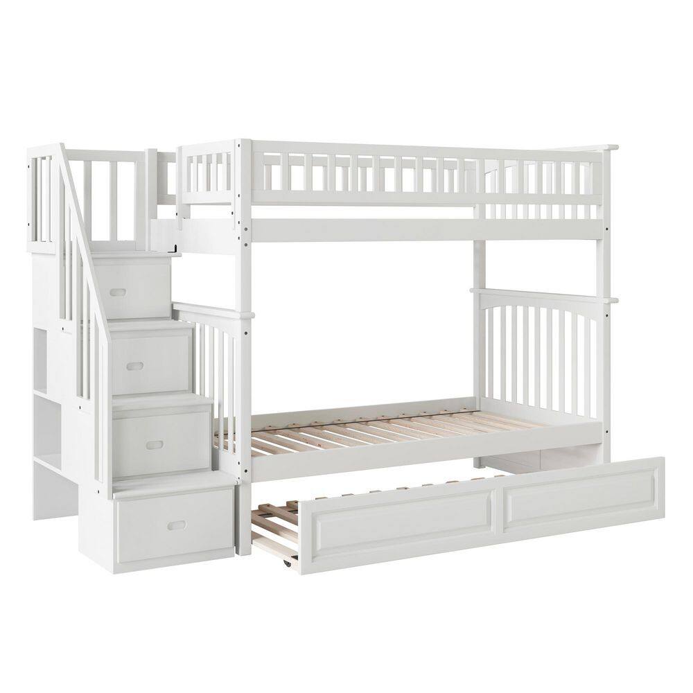 White Twin Over Twin Wood Bunk Bed with Trundle and Storage