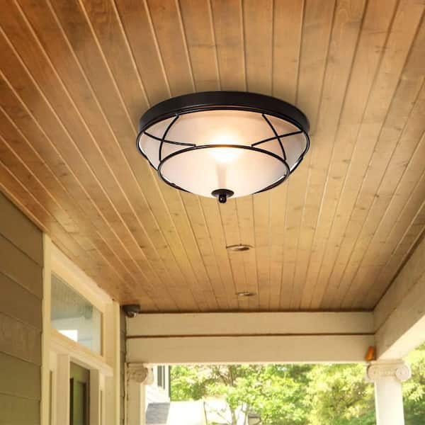 11.8 in. Black 2-Light Flush Mount Ceiling Light Fixture with Frosted Glass Classic Dome for Living Room Kitchen Hallway