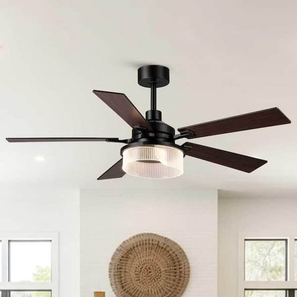 52 in. Indoor Matte Black Downrod Mount Ceiling Fan with LED Light and Remote Control