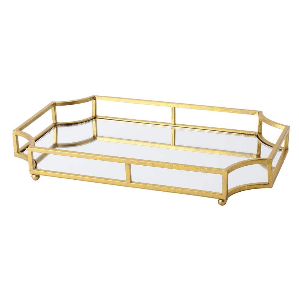 Gold Mirrored Glass Rectangular Decorative Tray with Metal Feet