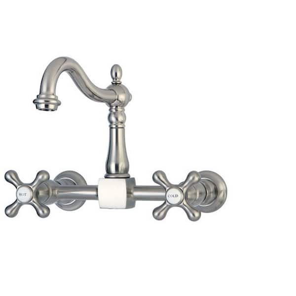 Kingston Brass Victorian Solid Cross 2-Handle Wall-Mount Kitchen Faucet in Brushed Nickel