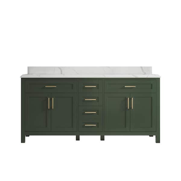 Willow Collections Cambridge 72 in. W x 22 in. D x 36 in. H Double Sink Bath Vanity in Pewter Green with Cove Edge Calacatta Quartz Top