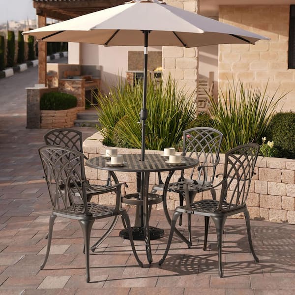 Nuu Garden 5-Piece Cast Aluminum Patio Dining Set with Umbrella Hole Outdoor Furniture Set with Round Table, Antique Bronze