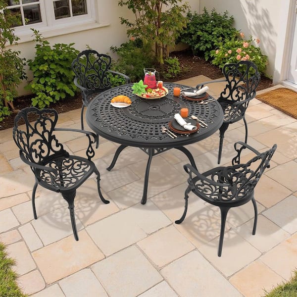 5-Piece Black Cast Aluminum Outdoor Dining Set with Off-White Cushions