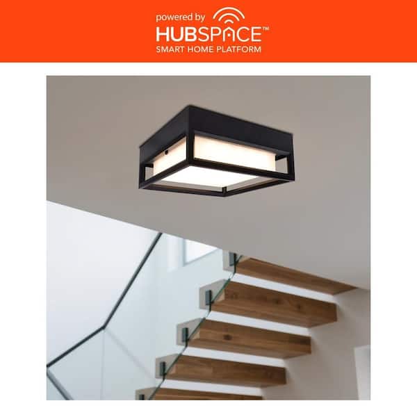 Rockwood 11 in. 1-Light Black Outdoor LED Flush Mount Ceiling Light RGB Color Changing Light, Smart Hubspace App Control