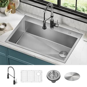 Loften 33 in. Drop-In Single Bowl 18 Gauge Stainless Steel Kitchen Sink with  Pull Down Faucet in Black and Steel