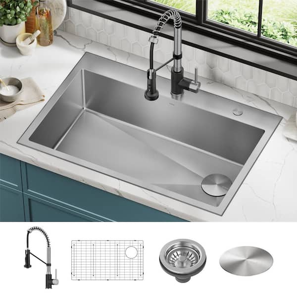 Loften 33 in. Drop-In Single Bowl 18 Gauge Stainless Steel Kitchen Sink with  Pull Down Faucet in Black and Steel