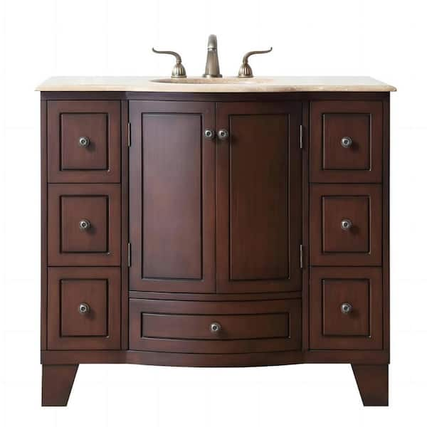 stufurhome Grand Cheswick 40 in. Vanity in Dark Cherry with Marble Vanity Top in Travertine with White Undermount Sink