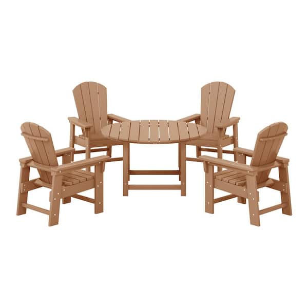 WESTIN OUTDOOR Children's Laguna Outdoor Patio All Weather Plastic 5-Piece Kids Adirondack Round Picnic Table Dining Set in Teak