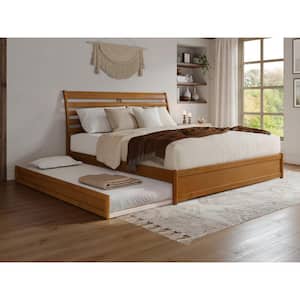 Emelie Light Toffee Natural Bronze Solid Wood Frame King Platform Bed with Panel Footboard and Twin XL Trundle