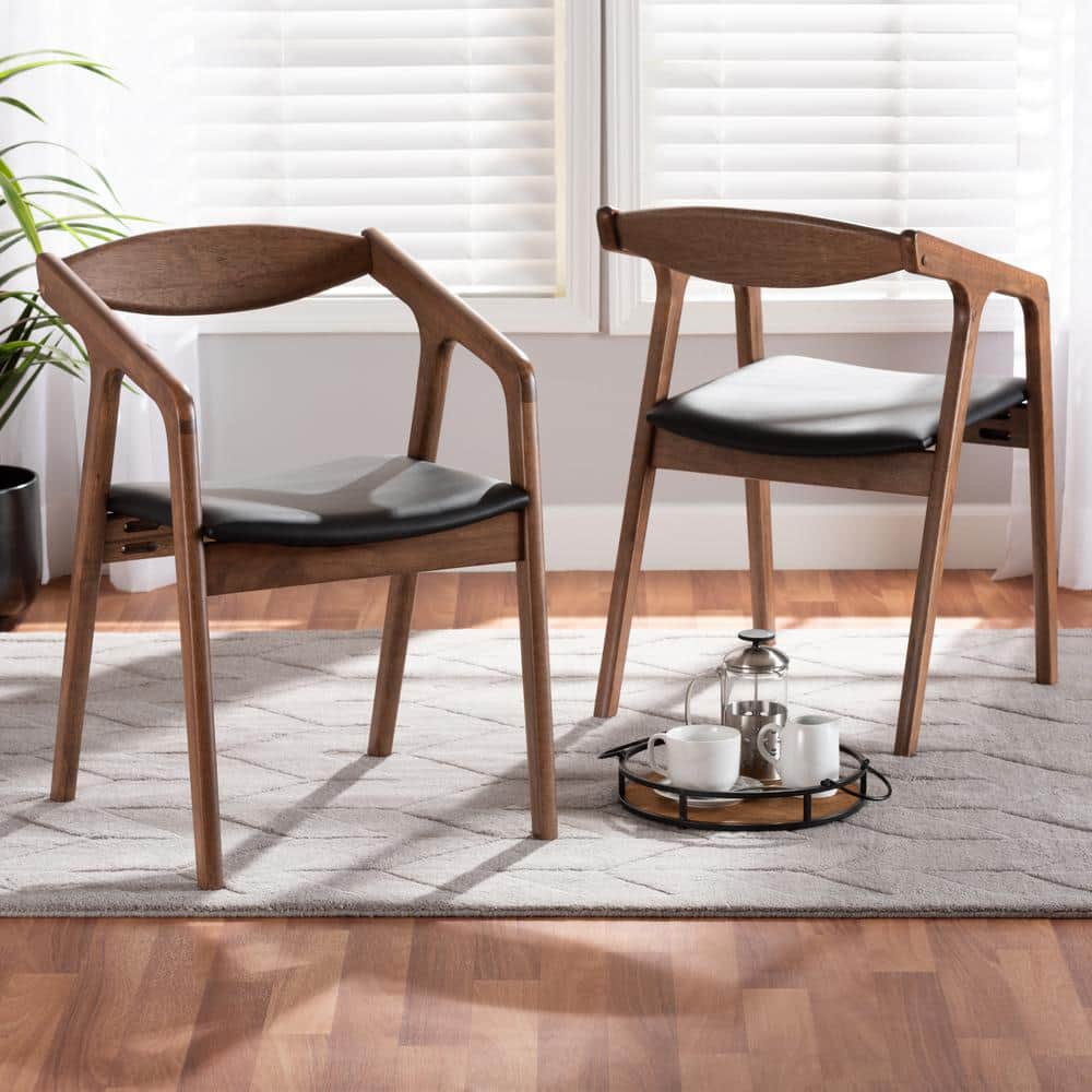 Harland Mid-Century Modern Black Faux Leather & Walnut Arm Chair