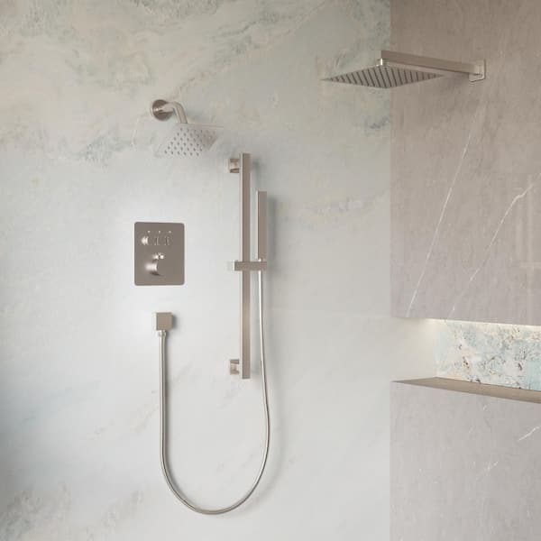 3-Function Square Wall Mount 10 in. and 6 in. Dual Shower Faucet System Sliding Bar in Brushed Nickel Valve Included