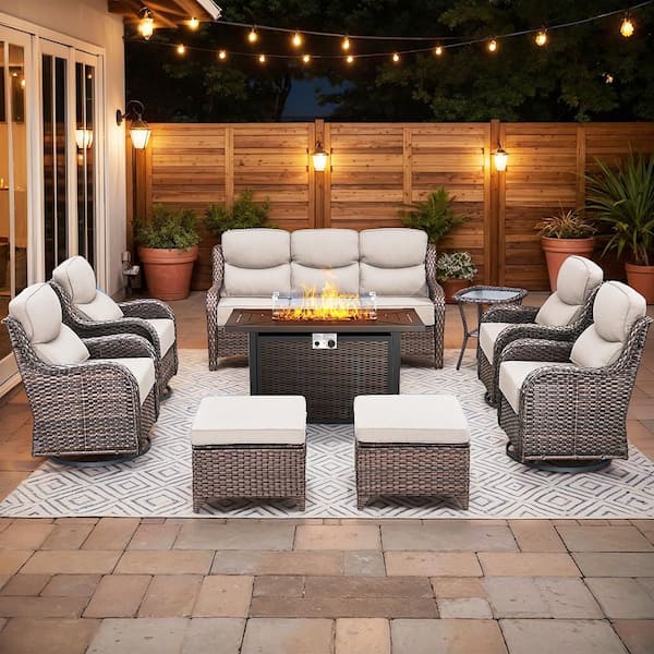 JHXL Brown Rattan Wicker 9-Piece Outdoor Patio Conversation Set with Beige Cushions, Rectangular Fire Pit Table