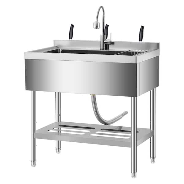 Freestanding Laundry/Utility Sink, Stainless Steel with Faucet, Storage Shelf, Adjustable Legs, Hot/Cold Water Pipe