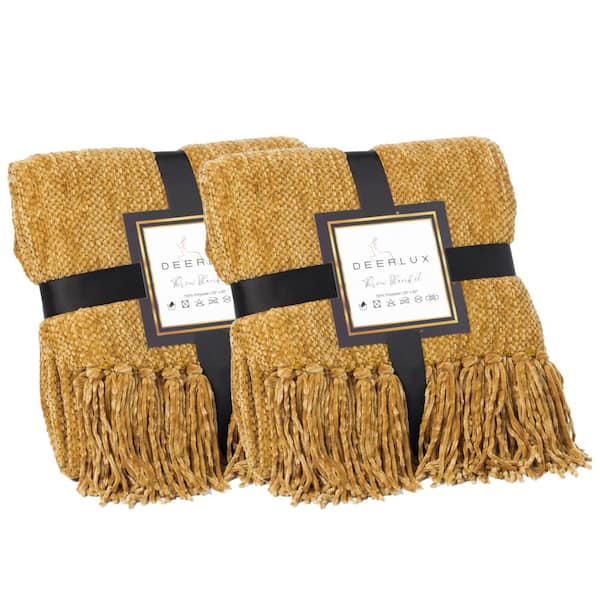DEERLUX Yellow Mustard Chenille Pattern Design (Set of 2) Decorative Knit Throw Blanket, 50 x 60 in. Fringe Edges, easy care