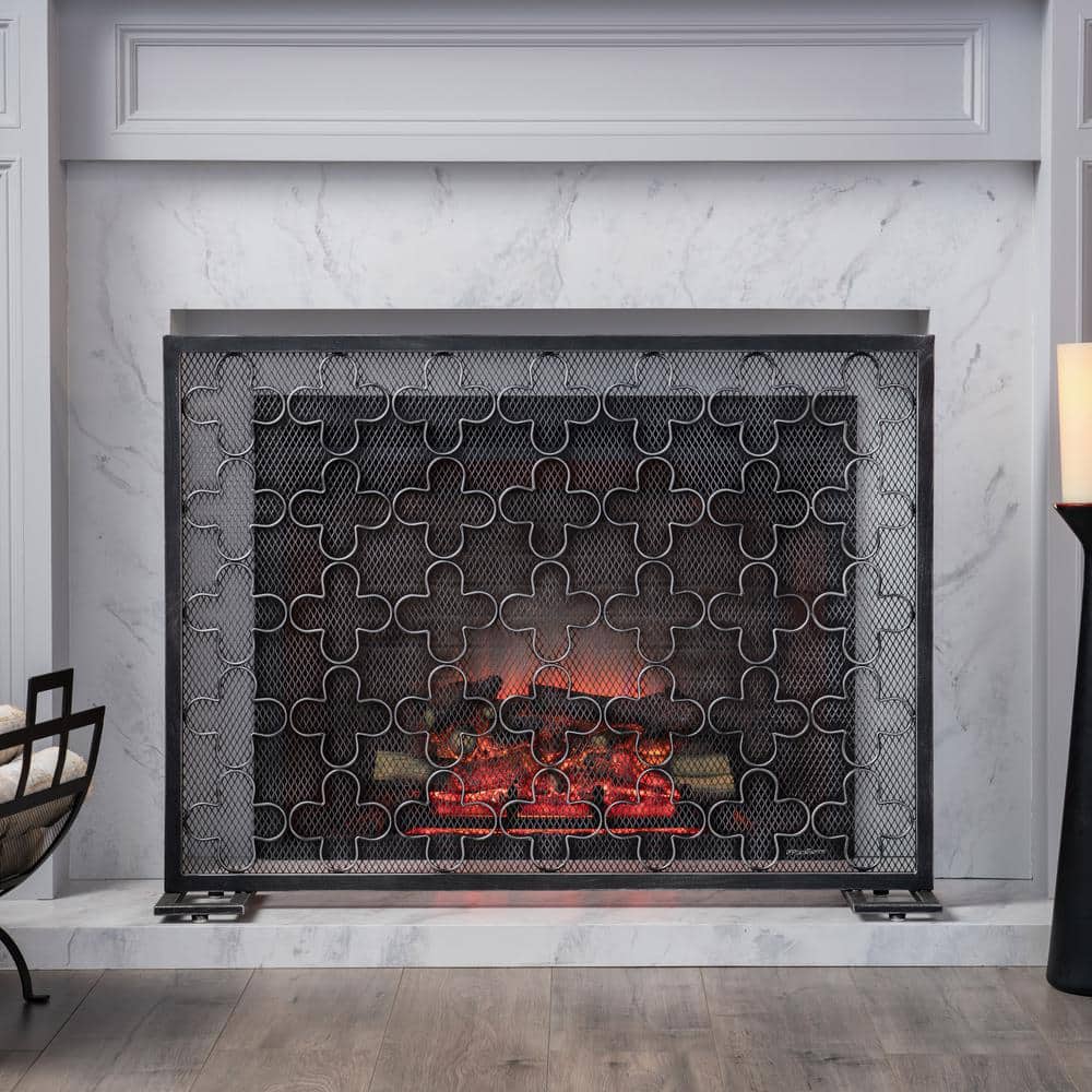 Black Brushed Silver Iron Single Panel Fireplace Screen