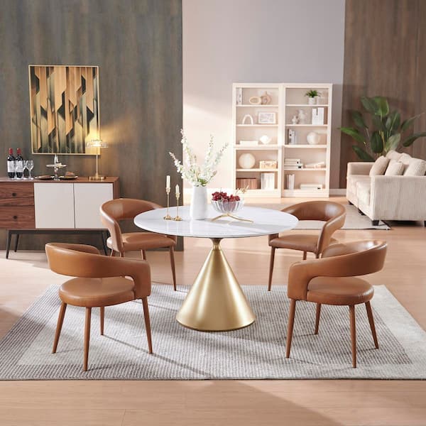 5-Piece Wood Round Dining Table with Caramel Brown Faux Leather Arm Chairs Dining Room Set for Kitchen