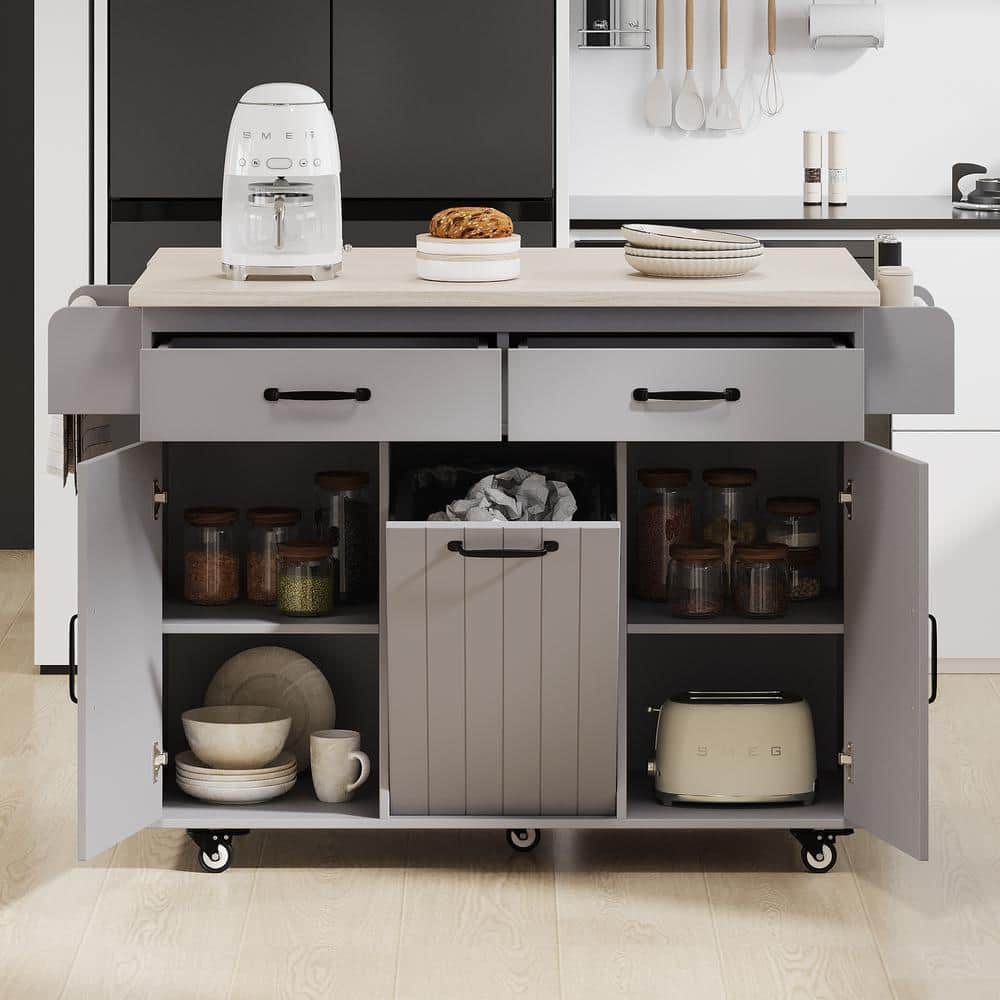 Zeus & Ruta Gray Wood 51 in. W Rolling Kitchen Island Cart with