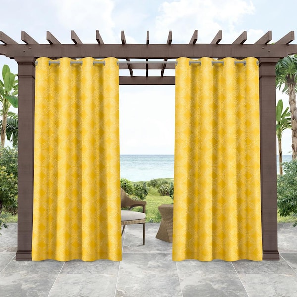 Tommy Bahama Island Tile Lemon Chrome Geometric Light Filtering Grommet Top Indoor/Outdoor Curtain, 54 in. W x 96 in. L (Set of 2)
