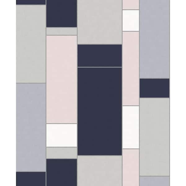 Seabrook Designs Indigo and Metallic Silver De Stijl Geometric Paper Non-Woven Unpasted Wallpaper Roll (covers 56 sq. ft.)