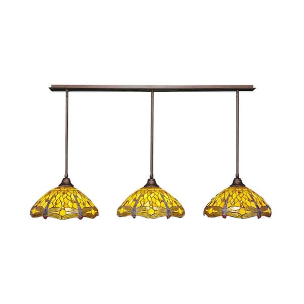Unbranded Livingston 100-Watt 3 Light Bronze Linear Pendant Light with 16 in. Art Glass Glass Shades No Bulbs Included