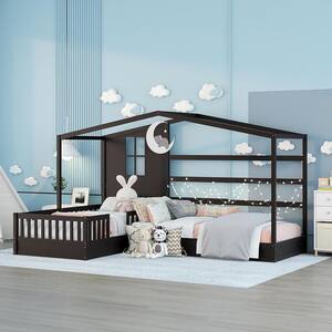 Espresso Twin Size L-Shaped Wood House Bed for Kids, 2 Twin Solid Bed L Structure with Fence and Slatted Frame
