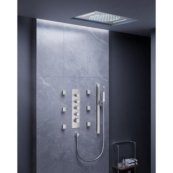 15-Spray 23 in. Ceiling Mount Rectangular Waterfall Fixed and Handheld Shower Head with LED in Brushed Nickel
