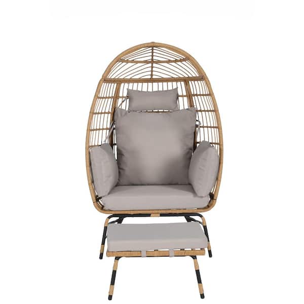 Wicker Oversized Large Egg Chairs with Ottoman and Dark Gray Cushion, Indoor or Outdoor