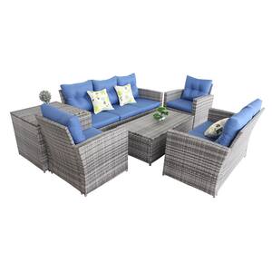 B12 Gray Wicker Outdoor Sectional Set with Blue Cushions