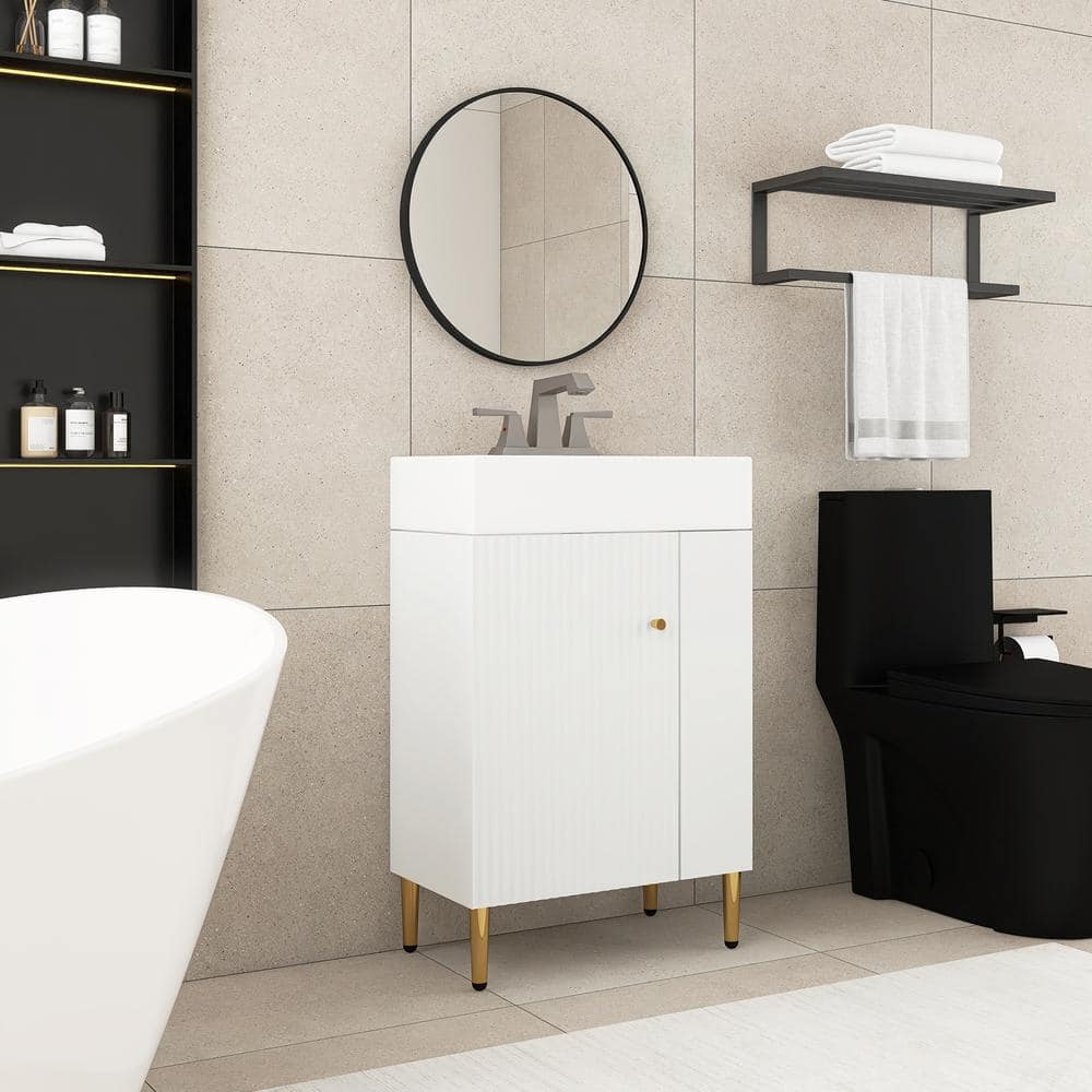 21.6 in. White Freestanding Bath Vanity with Ceramic Top and Right Side Storage