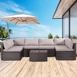 7-Piece Brown Wicker Outdoor Patio Sectional Sofa Conversation Set with Gray Cushions and 1 Coffee Table