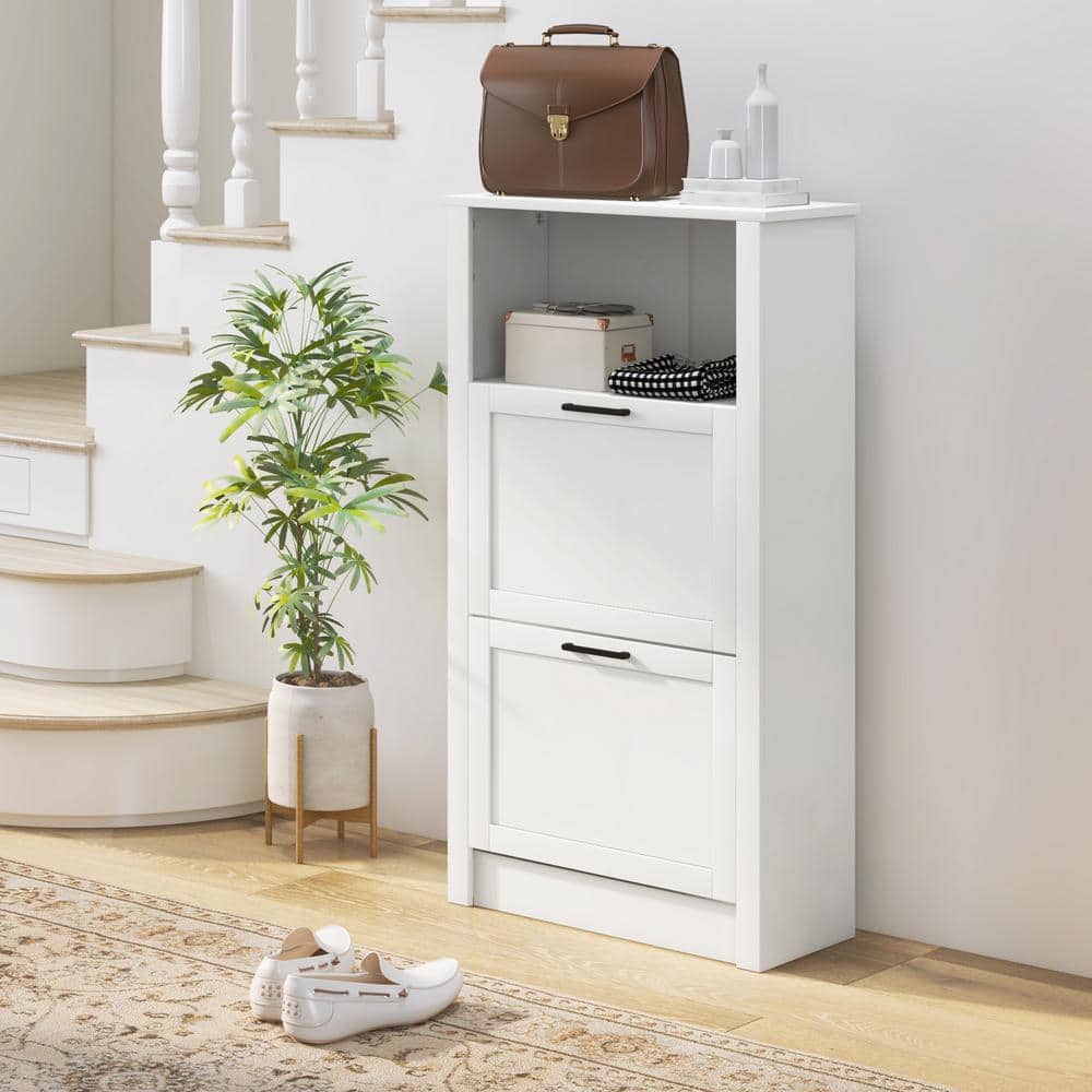 White MDF Shoe Storage Cabinet with Flip Drawers and Open Shelf
